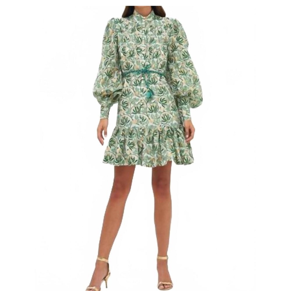Oliphant Montenegro High Neck Button Mini Dress Green and Metallic Gold XXL